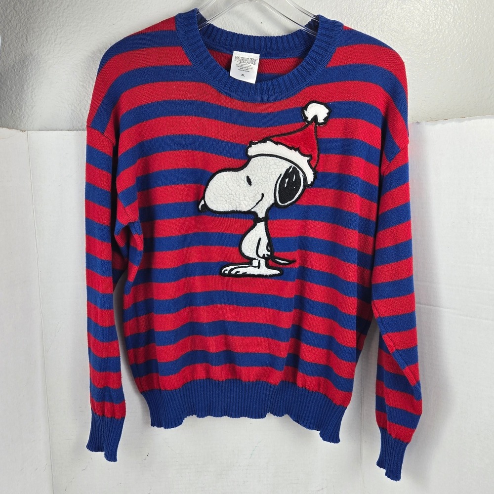 Peanuts Snoopy Christmas Sweater Striped Santa Hat Red Blue Youth XL Holiday